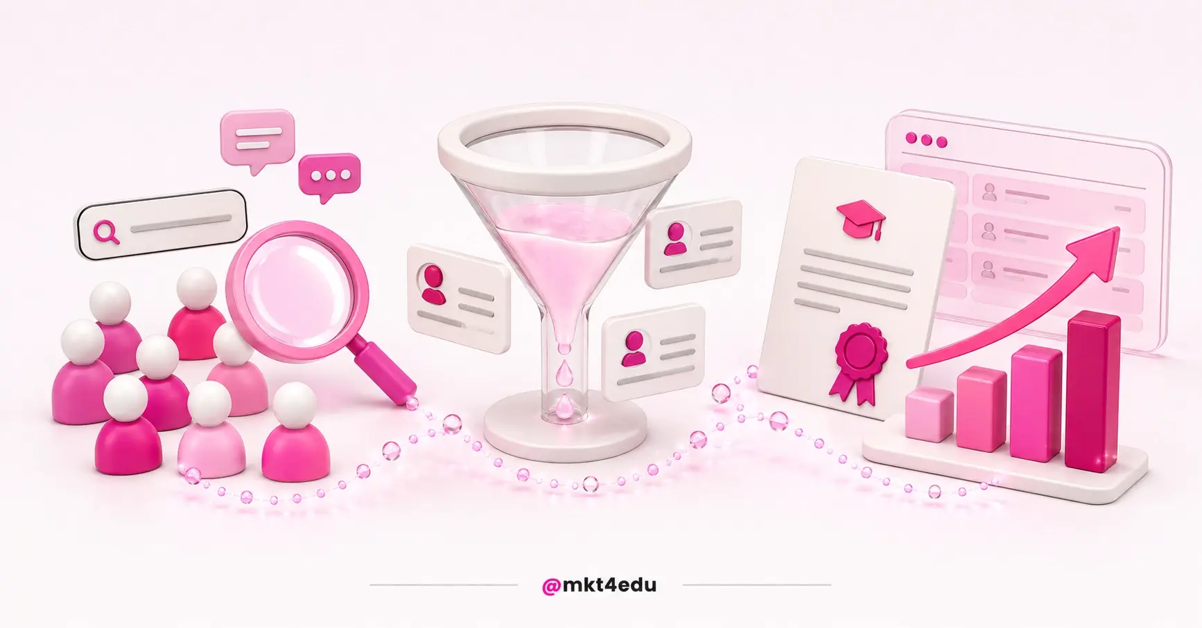 Cena 3D rosa e branca com grupo de candidatos, funil de vidro e diploma, representando a captação de alunos.