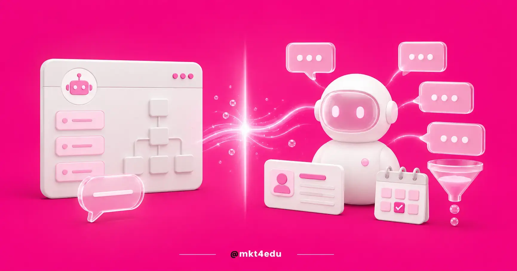 Chatbot technology 3D scene in white on a pink background, with a closed bot menu on the left and an AI agent bust on the right