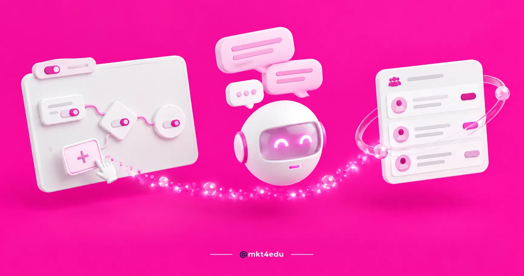 Chatbots in 3D: a flow board with connected nodes, chat bubbles and a visored virtual assistant linked to a contact panel
