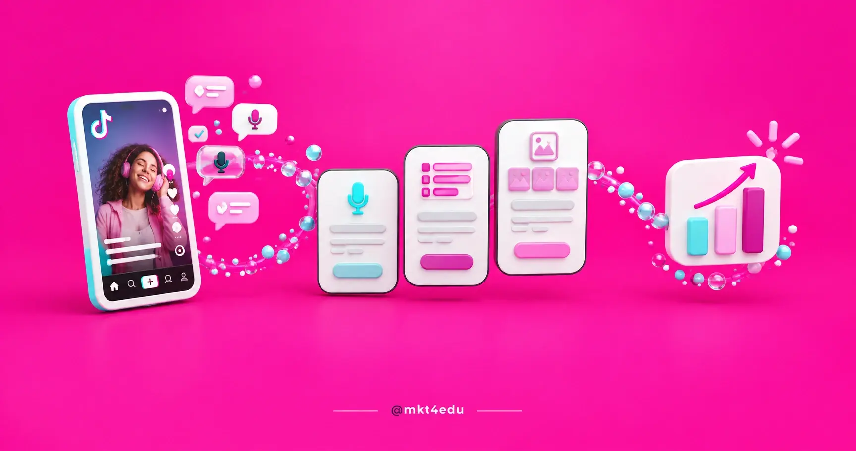TikTok comments in 3D: a phone with a video, voice bubbles, a poll and a photo carousel linked to a chart