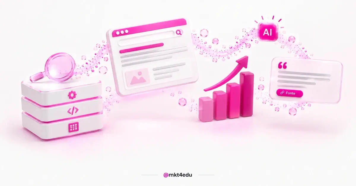 Visibilidade no Google em cena 3D com base de SEO técnico, card de site elevado, gráfico de barras em alta e painel de resposta de IA