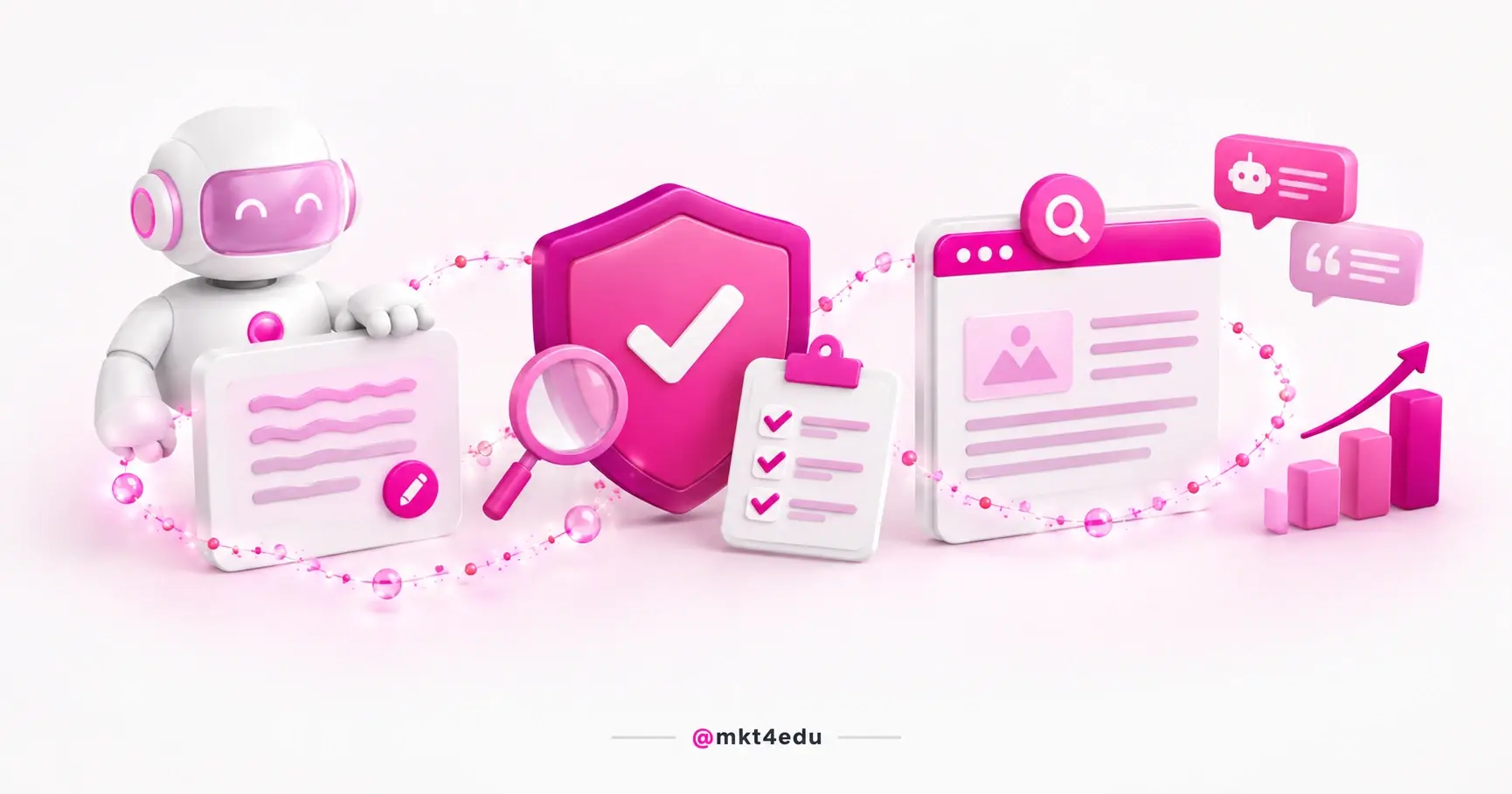 How to create content with AI shown in 3D with an AI robot drafting, magnifier and shield