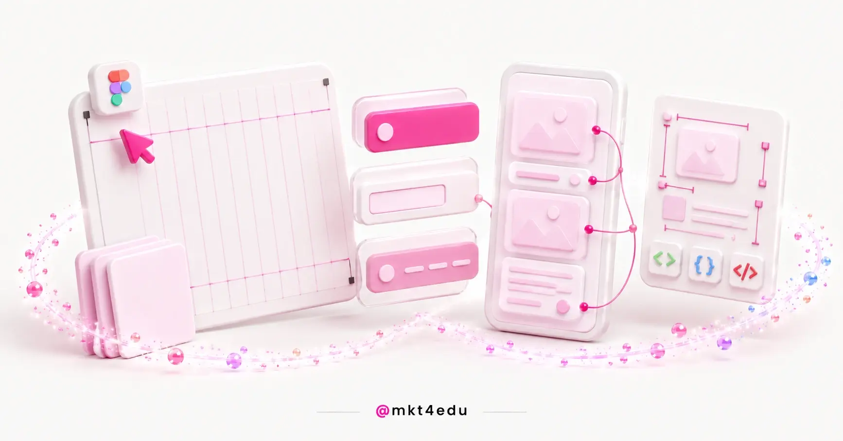 Como usar o Figma: painel de layout em clay branco com guias de coluna rosa, componentes e painel de medidas.