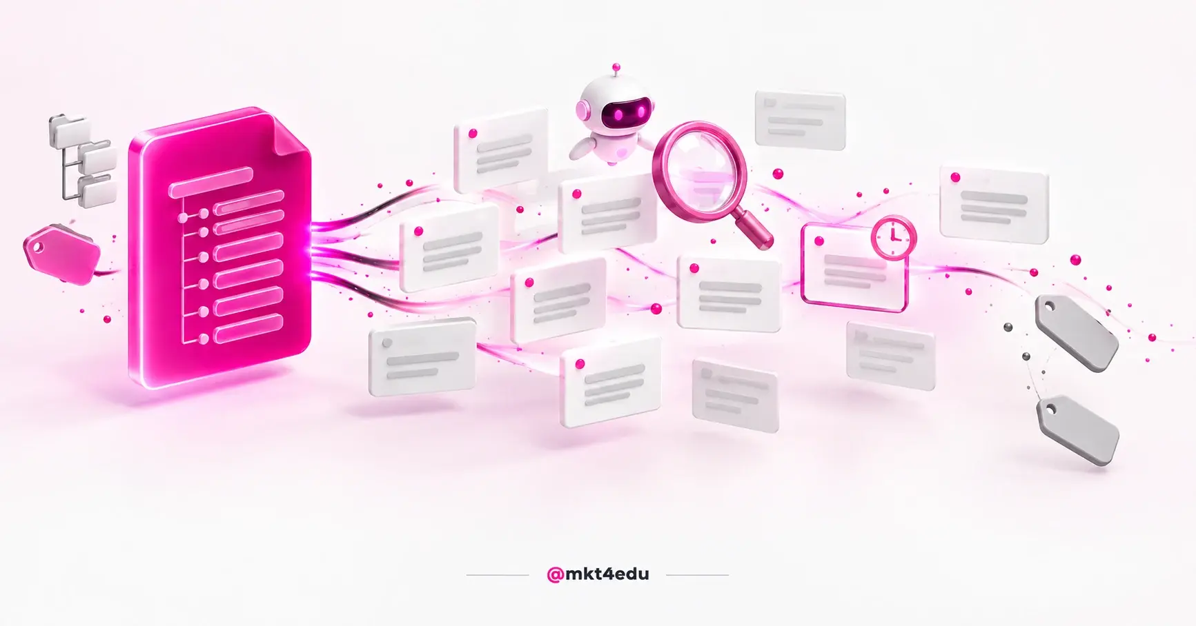 Arquivo de sitemap distribuindo os endereços do site para rastreamento, com lupa e etiquetas de data
