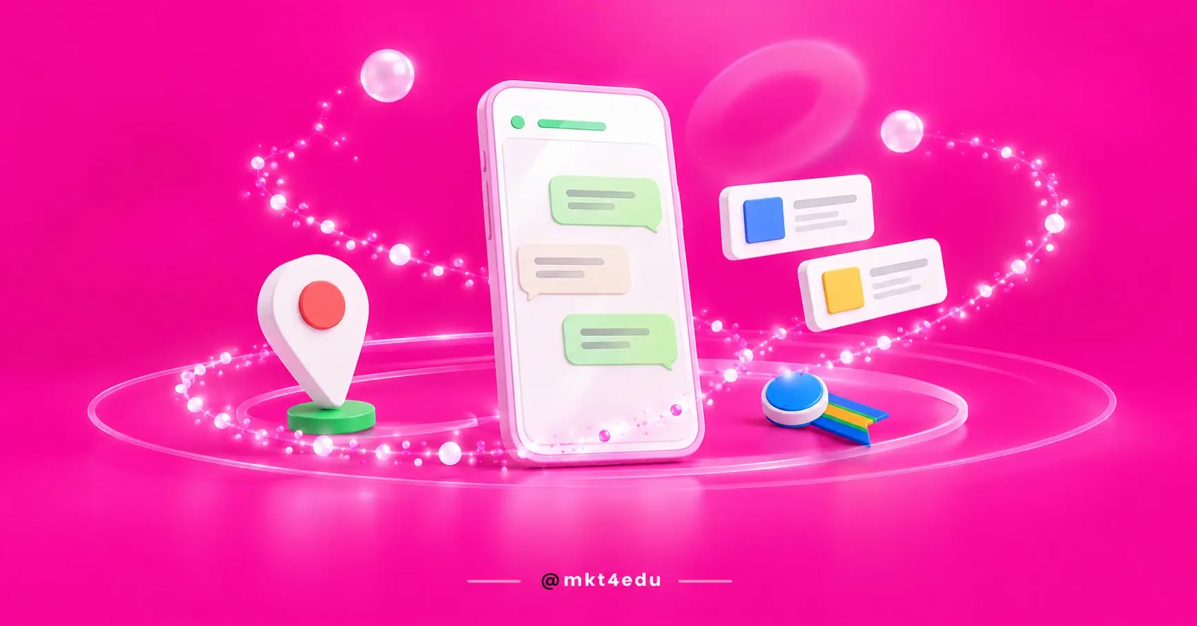 Marketing Mobile: celular 3D vertical com tela de conversa, pino de localização e chips de anúncio