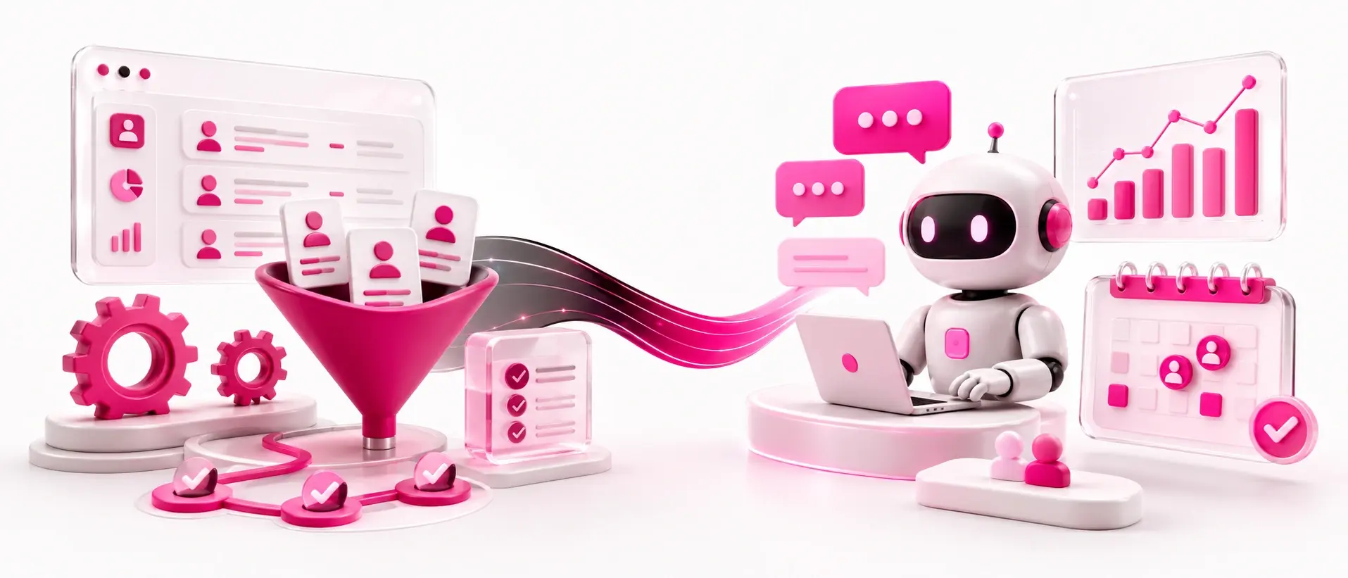 Ilustração 3D rosa de robô usando notebook e funil de leads para implementar um agente SDR de IA na prática.