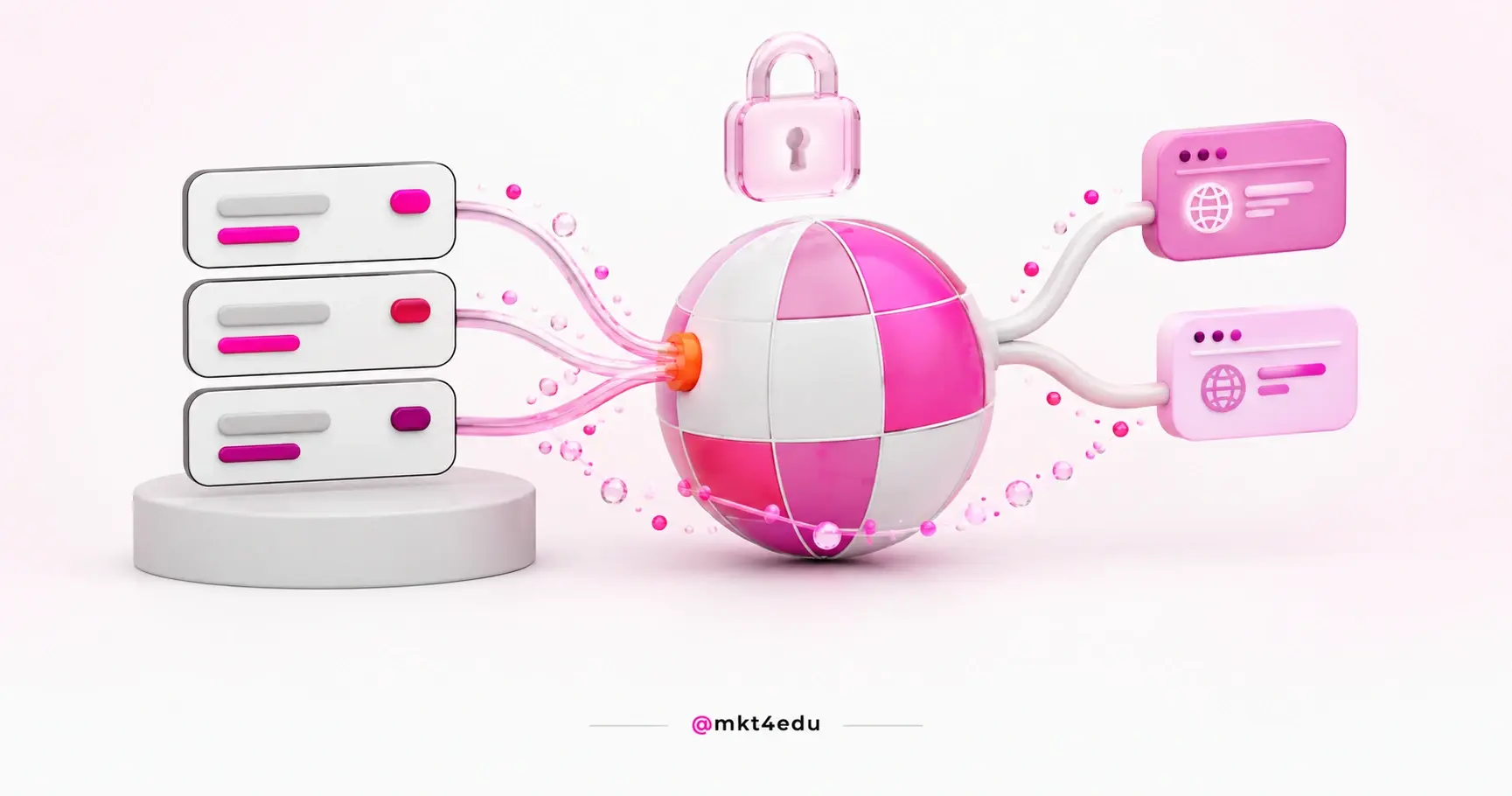 Conectar domínio na HubSpot em 3D: servidores ligados a um globo com cadeado e páginas publicadas em subdomínios