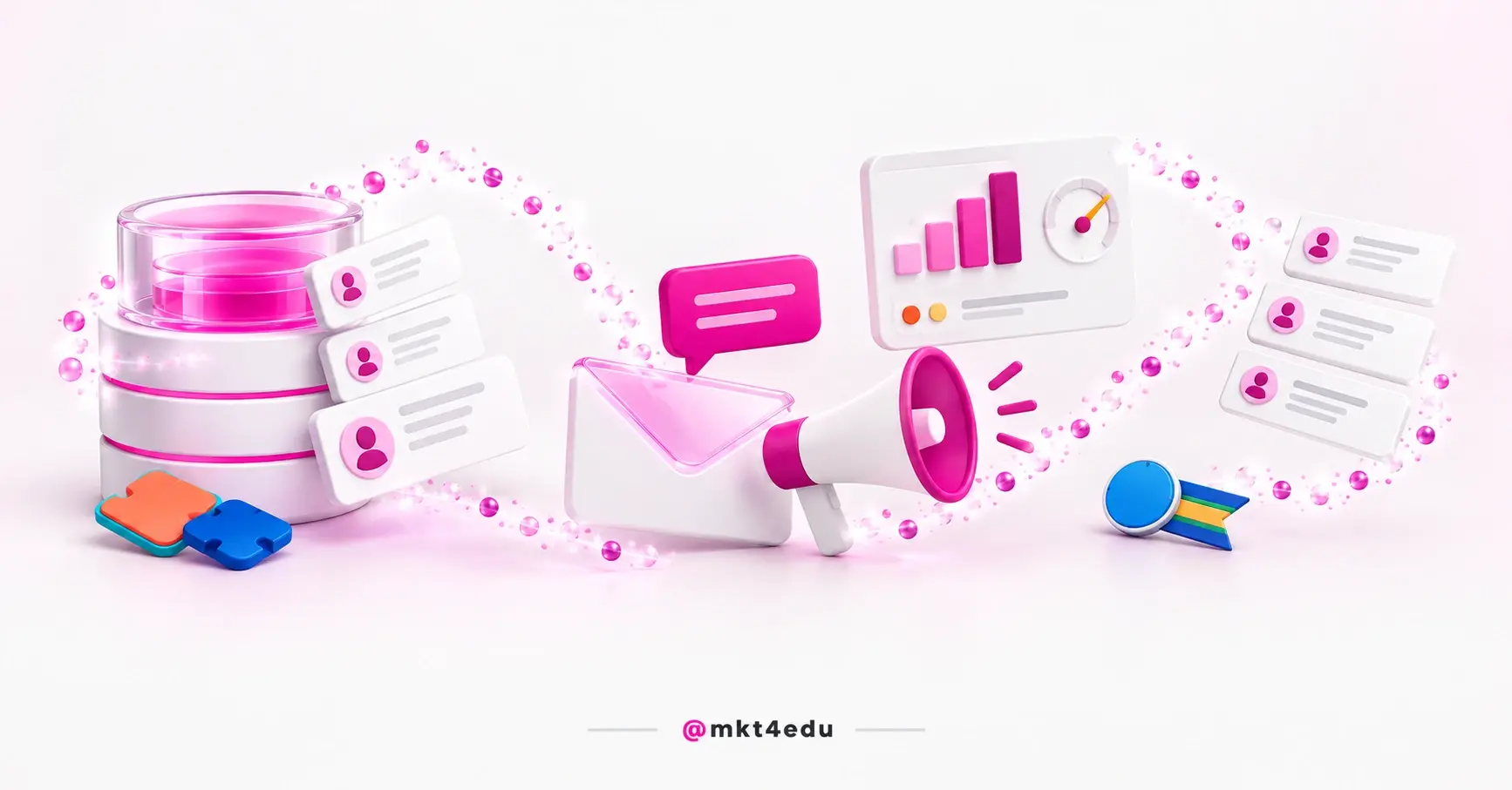 CRM e Marketing Digital: tambor de dados 3D ligado a envelope, balão e painel de métricas