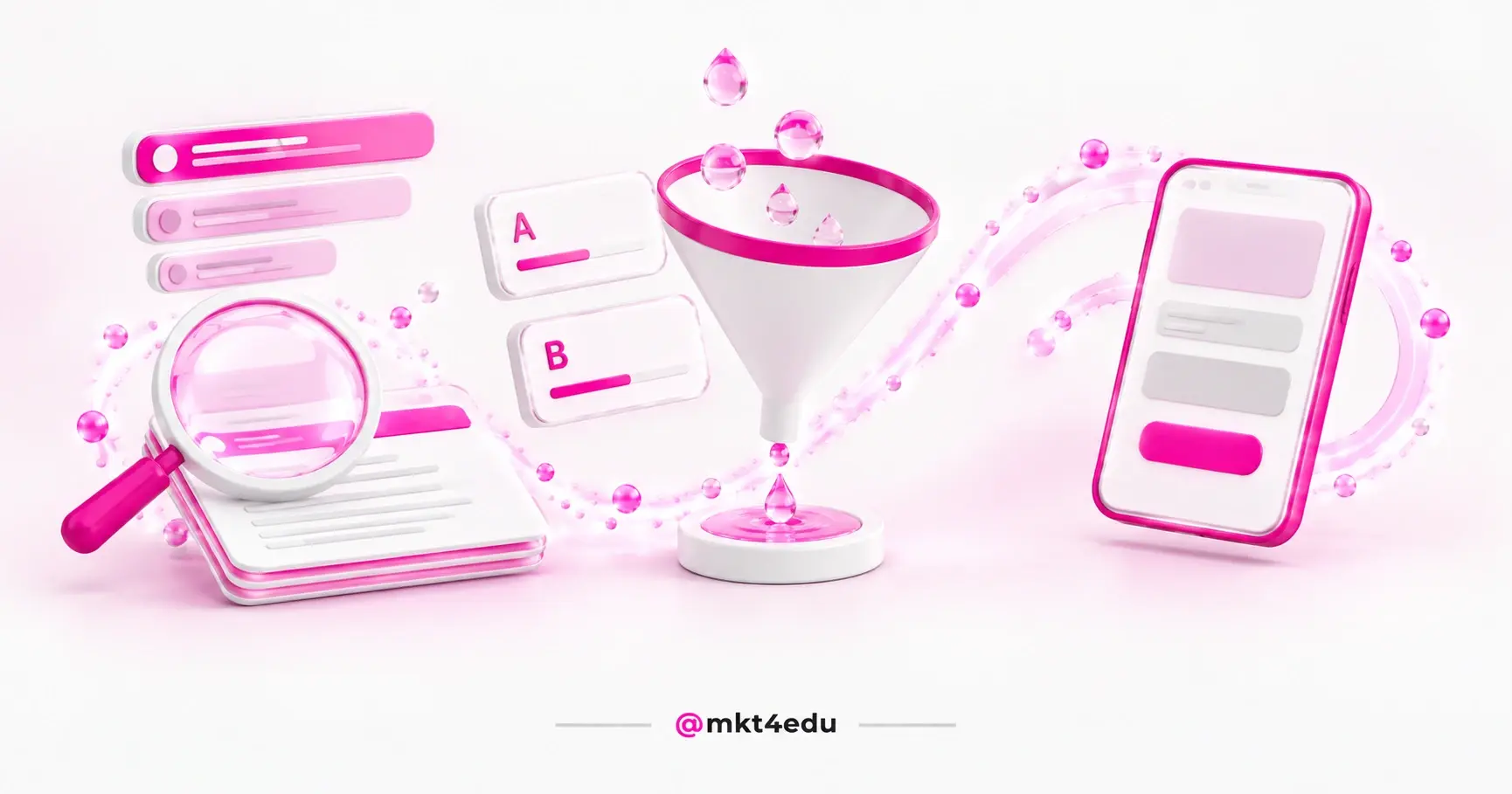 CRO, SEO e UX representados por lupa, funil de conversão e tela de navegação no mesmo piso