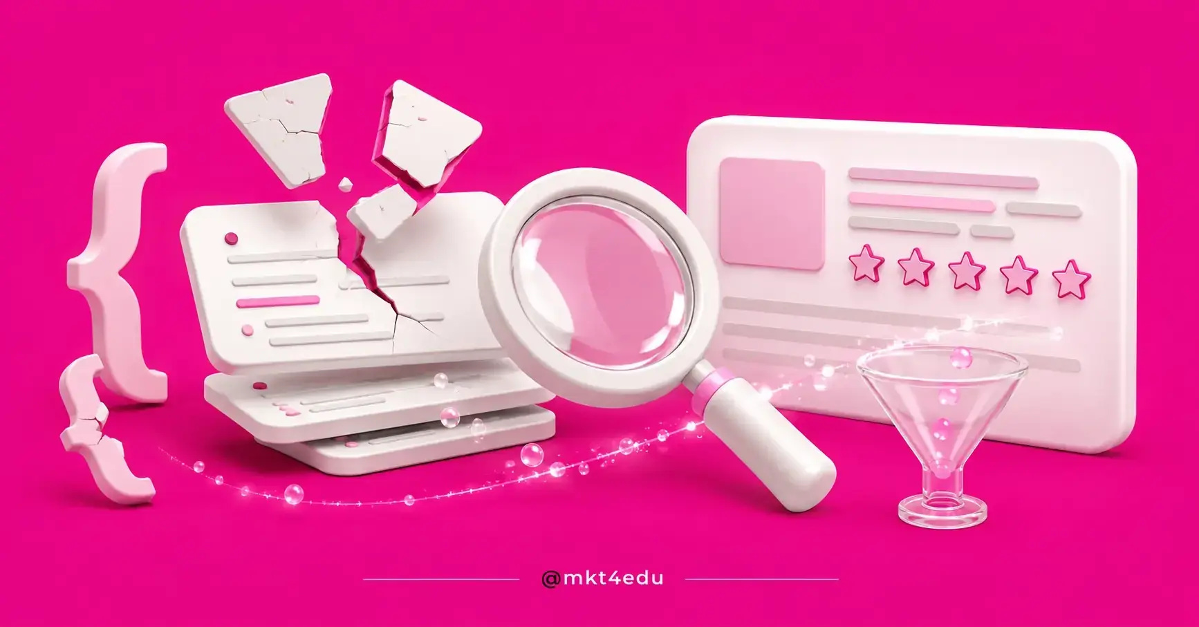 Bloco de código quebrado em fundo rosa, com lupa, cartão de resultado com estrelas e funil, representando dados estruturados ilegíveis.