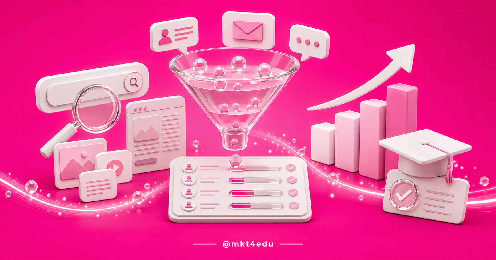 Funil de matrícula em 3D rosa conectando buscas, automação e formatura em estratégias de marketing educacional.