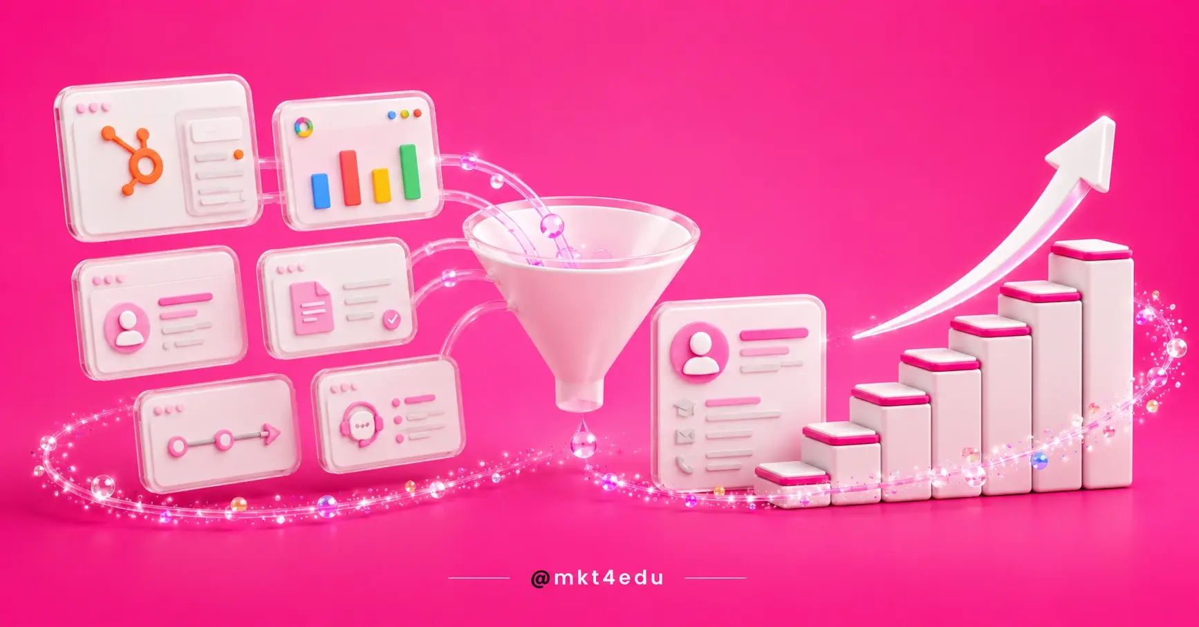 Instituições de ensino: cena 3D com seis painéis de dados convergindo para um único registro de aluno sobre fundo rosa.