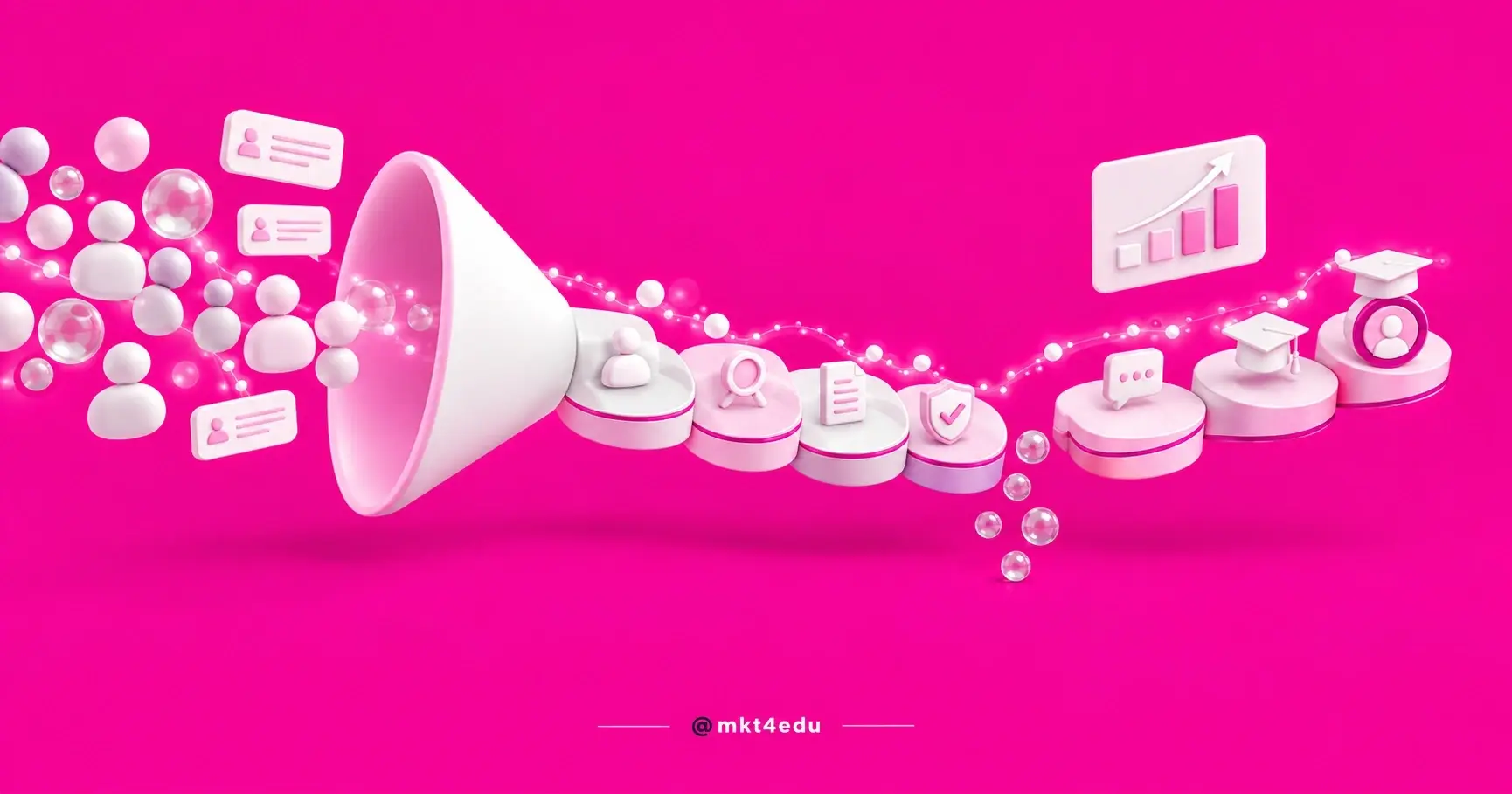 Education sales funnel in 3D with seven narrowing platforms and spheres slipping out through a gap