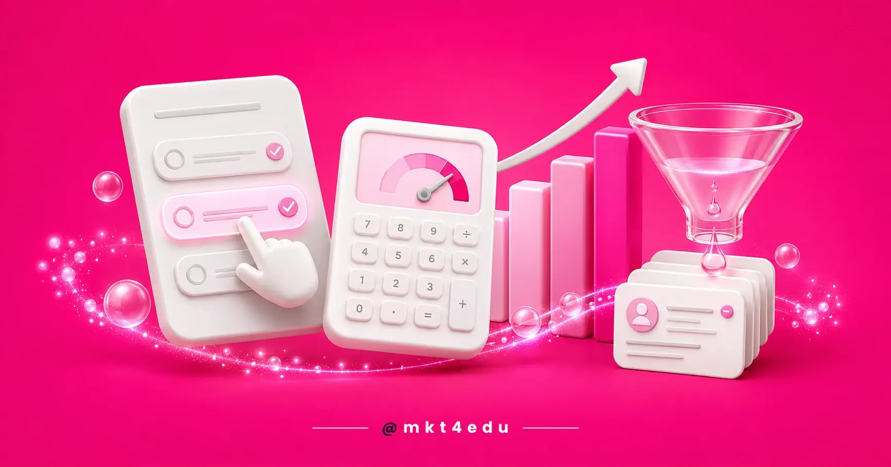 Ilustração 3D de funil interativo com quiz e calculadora gerando cartões de leads e gráfico de crescimento.