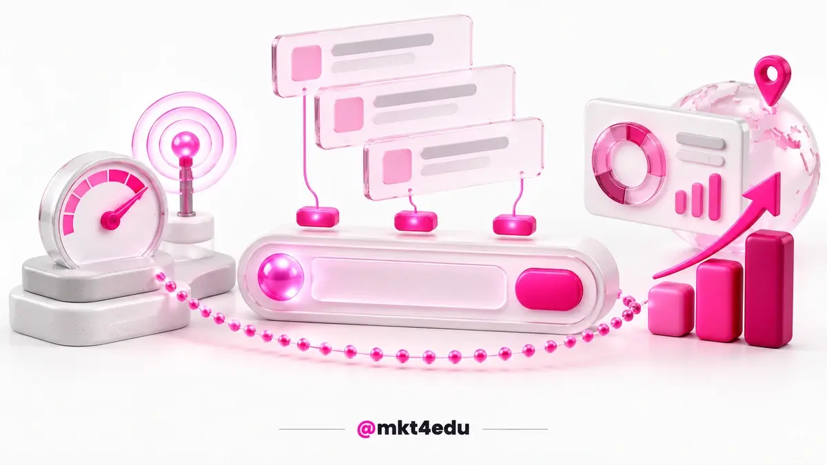 3D scene of the future of SEO with a search module unfolding AI answer cards and rising result bars