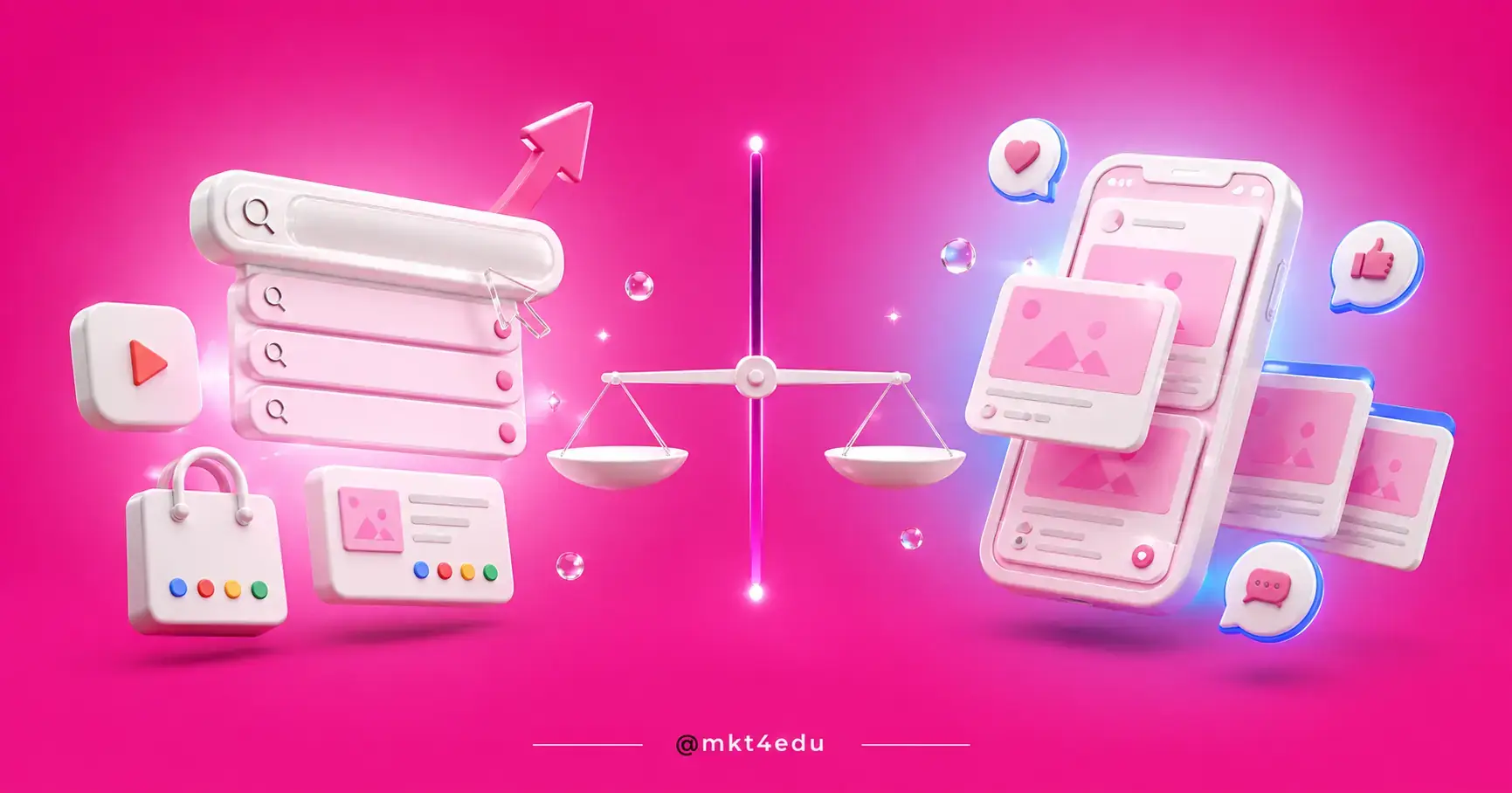 A search bar with results on one side, a phone feed with reactions on the other, and a balanced scale in the center on a pink background.