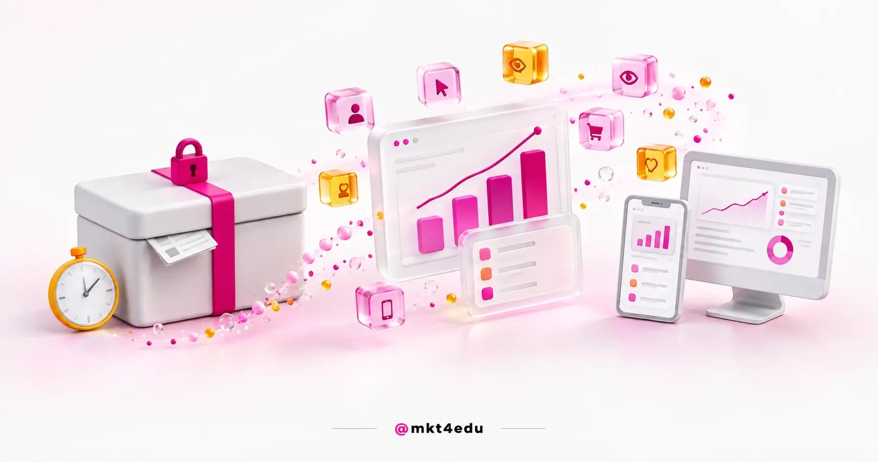 How Google Analytics 4 works: a sealed Universal Analytics archive beside an event dashboard in glass cubes