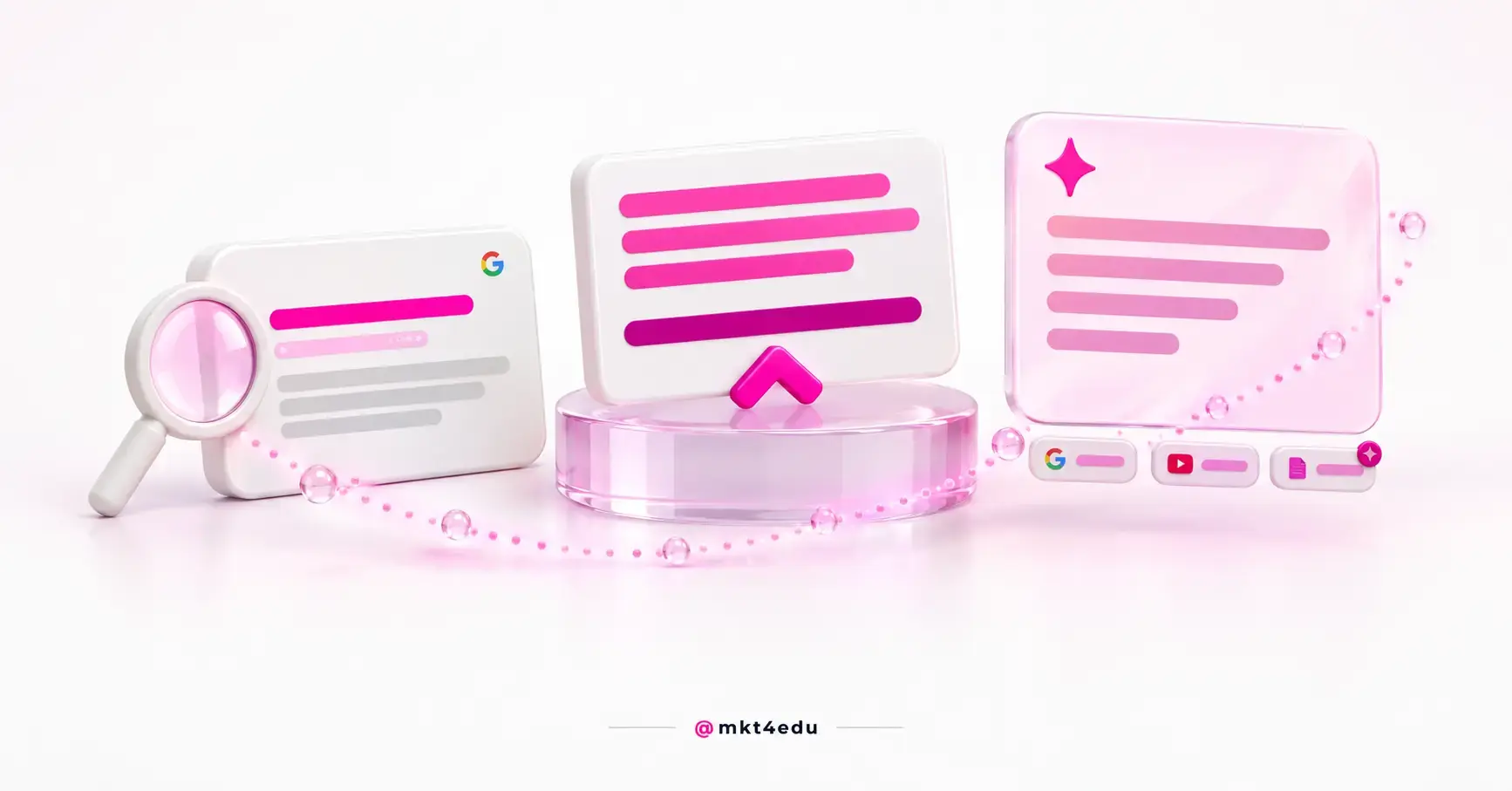 Google snippet scene: magnifier, result card, highlighted box on a pedestal and an AI answer panel