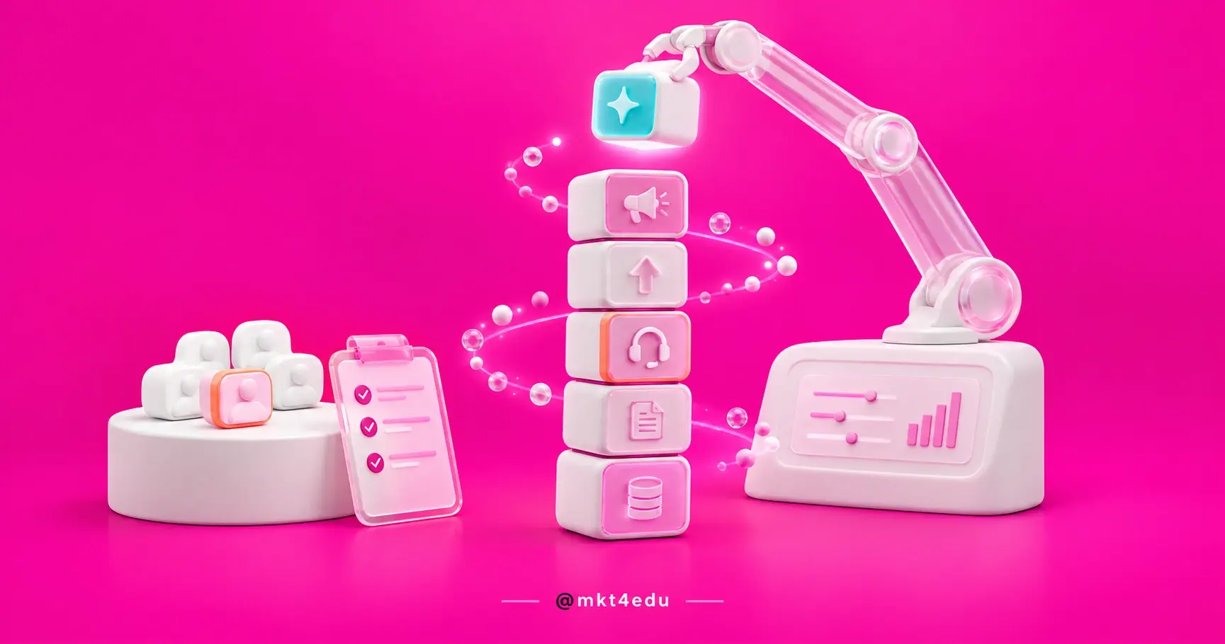HubSpot onboarding: a tower of white blocks being assembled by a glass arm, with seat cards beside it