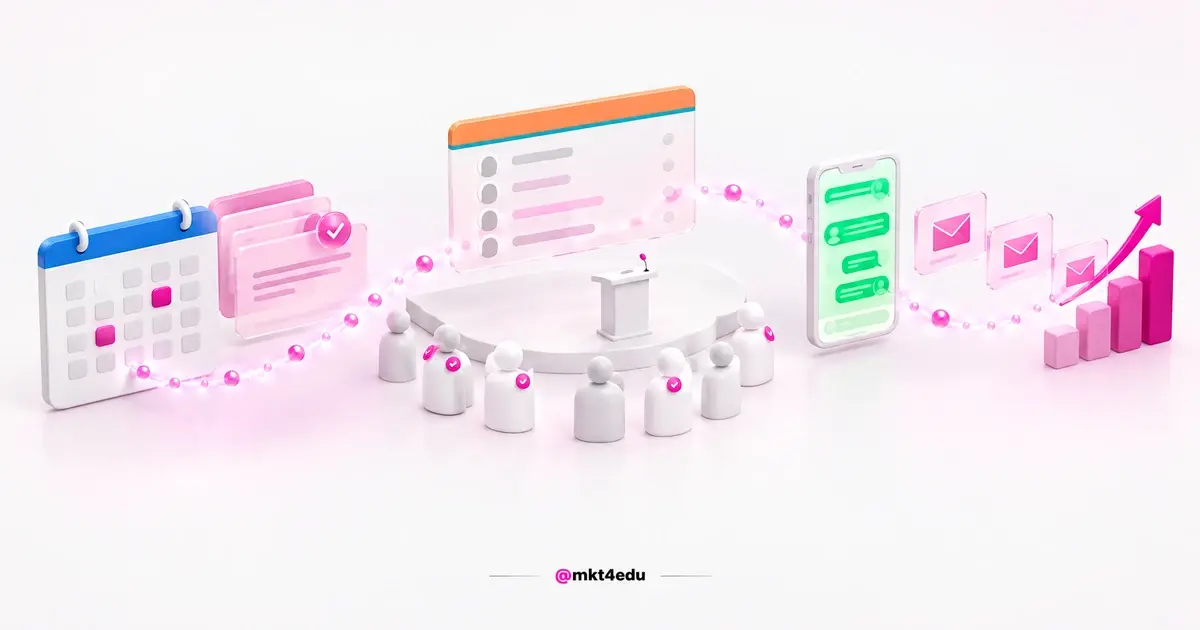 Painel de gestão de eventos no HubSpot com calendário, público no palco e confirmações por e-mail