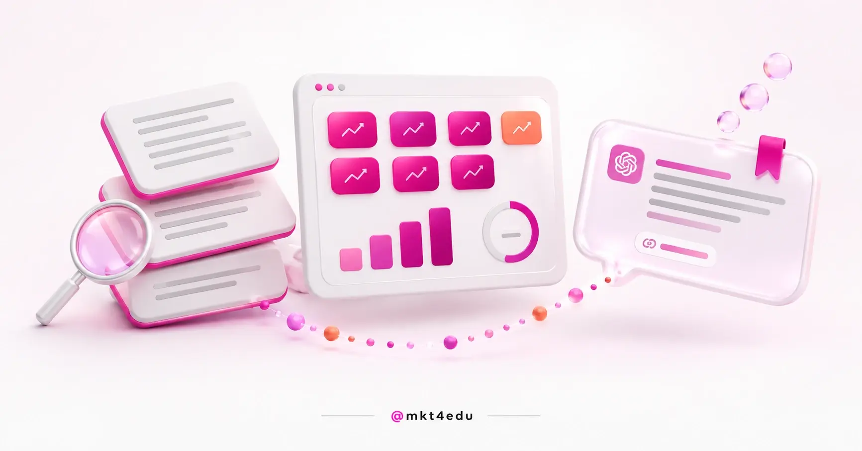 Content optimization in a 3D scene: text cards, magnifier, indicator dashboard and an AI answer citing the source