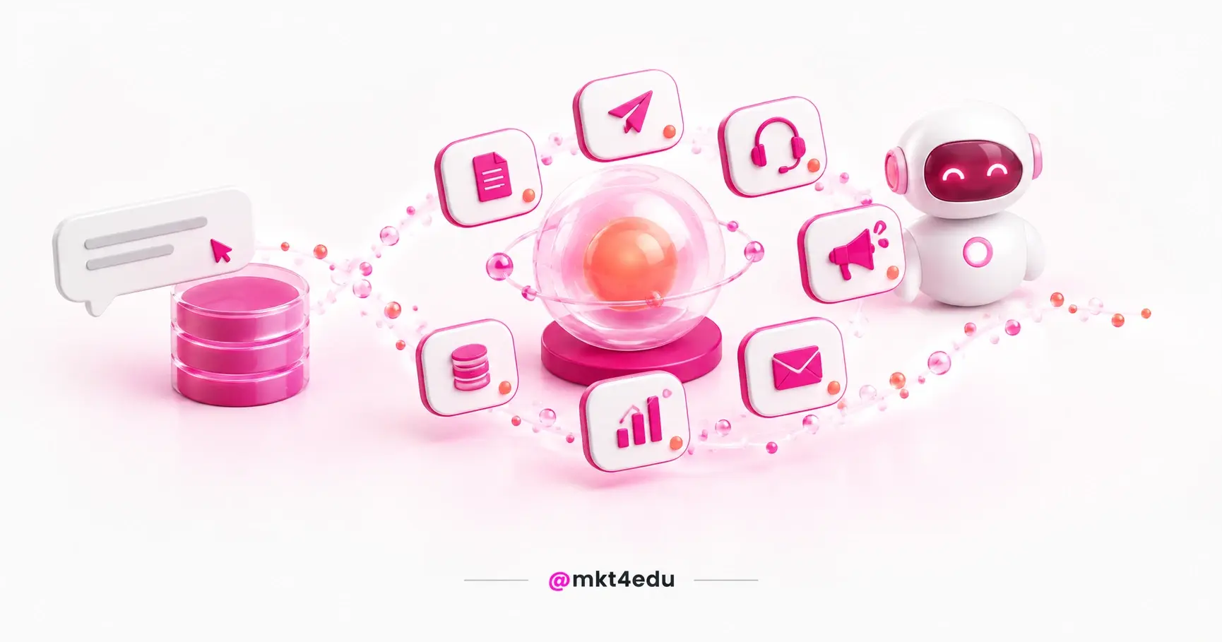IA HubSpot em cena 3D com balão de chat, banco de dados, orbe de vidro com núcleo laranja e sete cards de agente