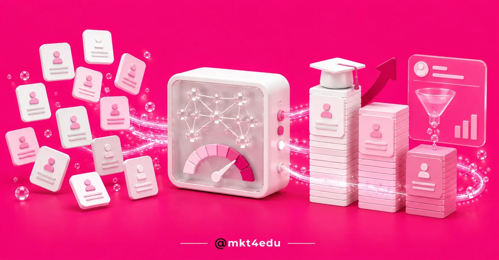 IA preditiva em cena 3D: cartões de leads entram num módulo de IA e saem em três filas ordenadas por prioridade.
