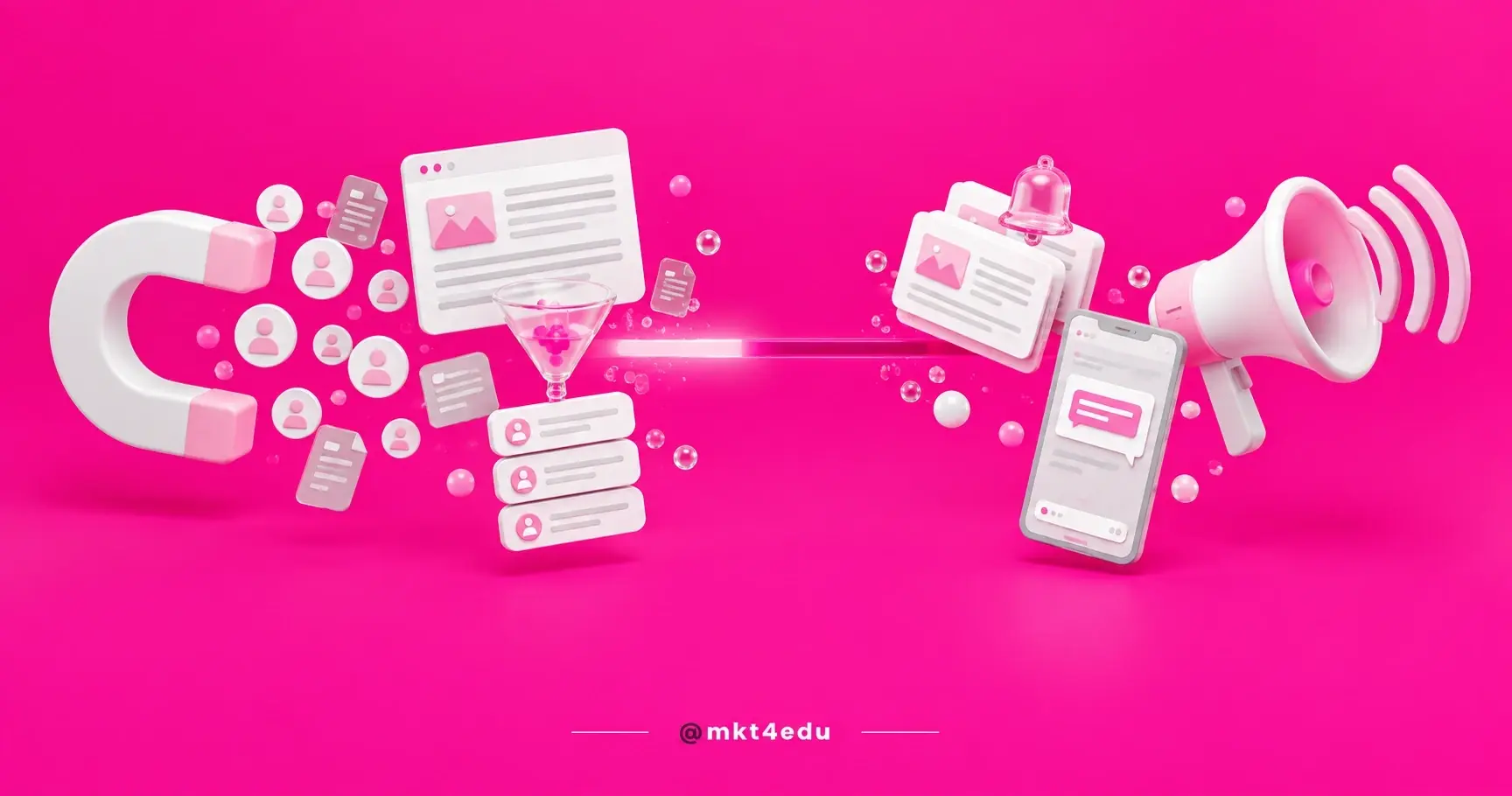 Educational marketing 3D scene: a magnet pulling students in on one side, a megaphone and phone on the other