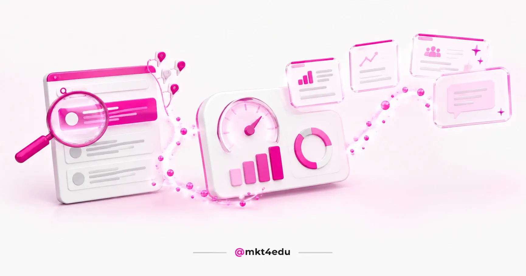 Indicadores de SEO em painel 3D com mostrador, gráfico de barras rosa e cartões flutuantes sobre resultados de busca