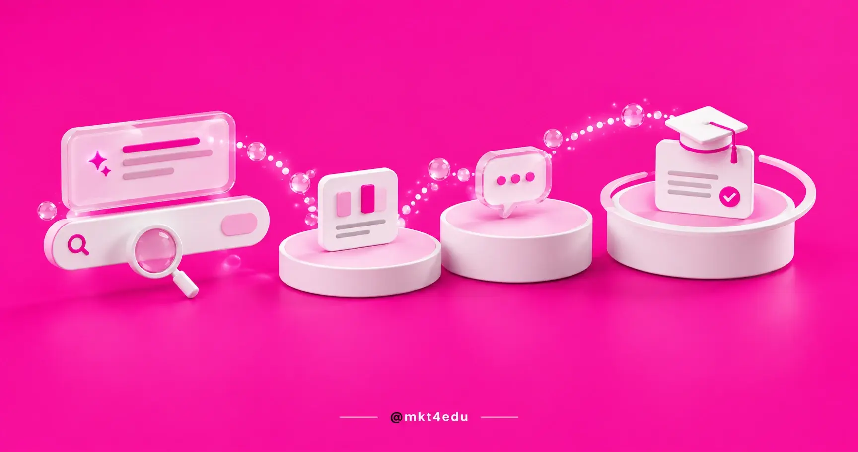 Consumer journey in a 3D scene with an input bar, an answer panel and rising steps up to a graduation cap