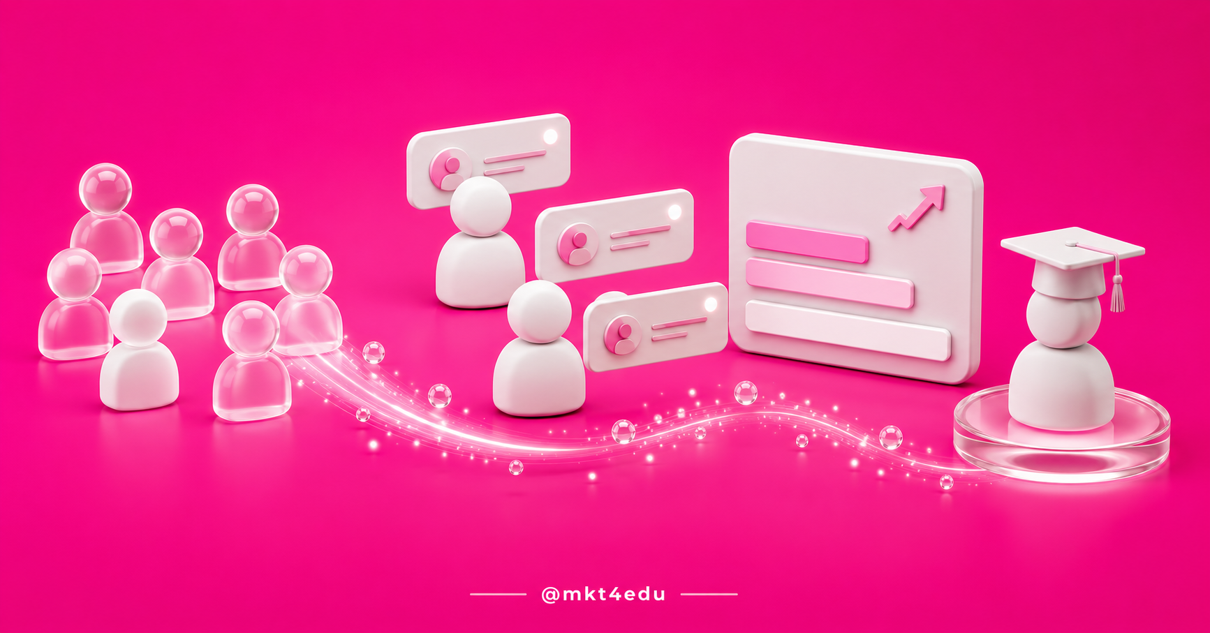 Anonymous frosted-glass 3D figures turning into identified contact cards and a graduate, on a pink backdrop.