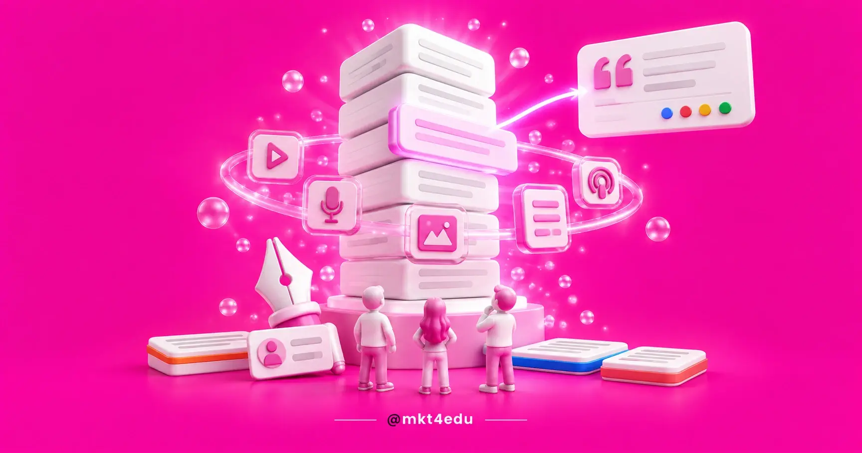 Content marketing 3D scene with a column of stacked blocks, an orbiting ring of formats and an AI citation card