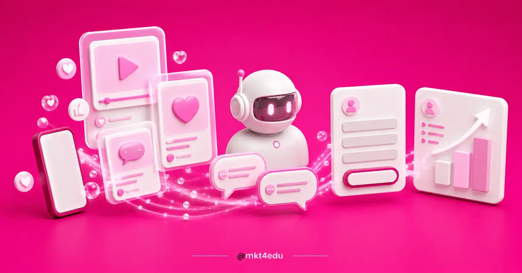 3D scene with social content cards, an AI assistant in conversation, an enrollment form and a CRM panel