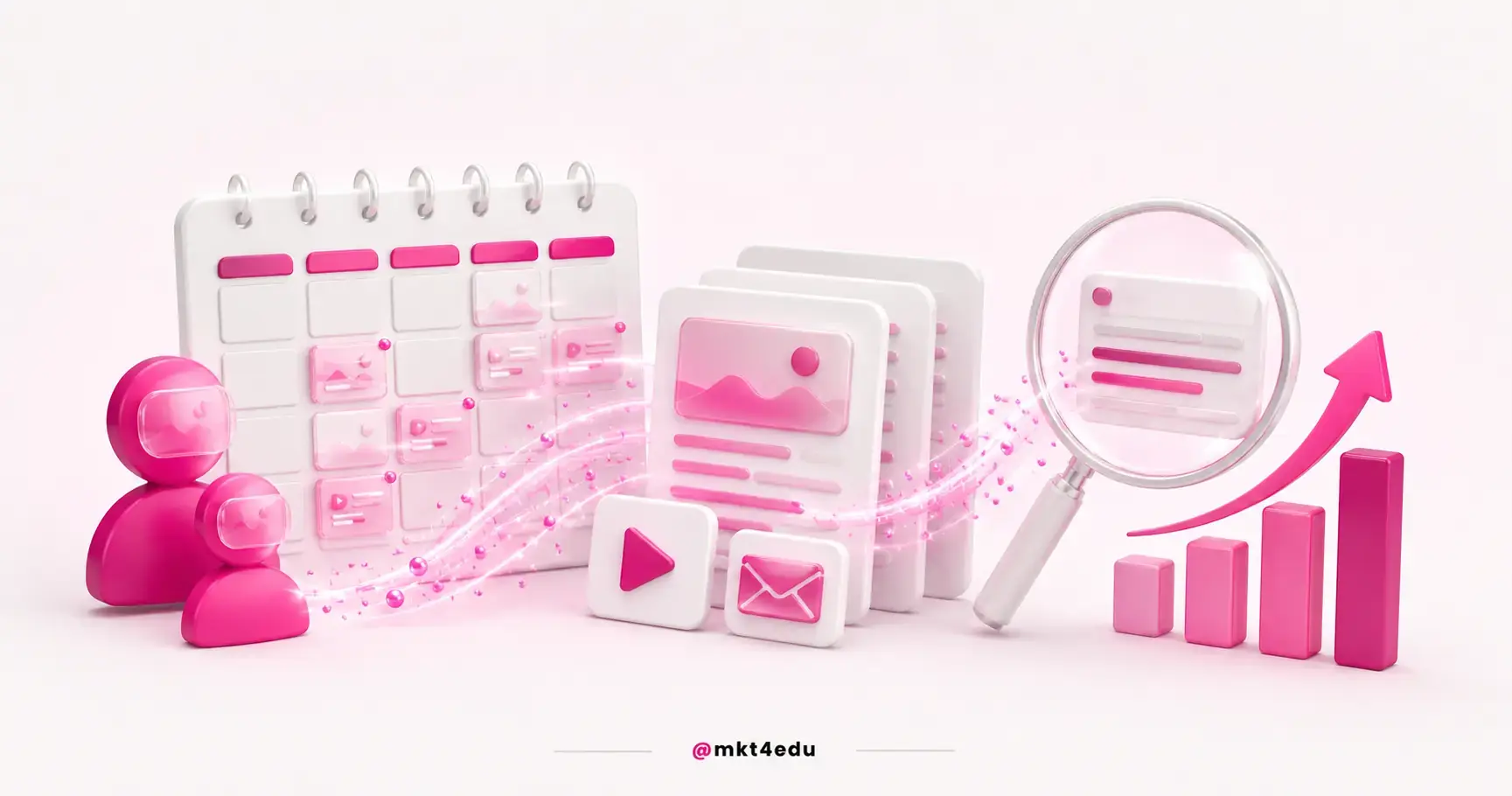 Marketing planning 3D scene with a pink editorial calendar, article cards, a glass magnifying lens and a bar chart