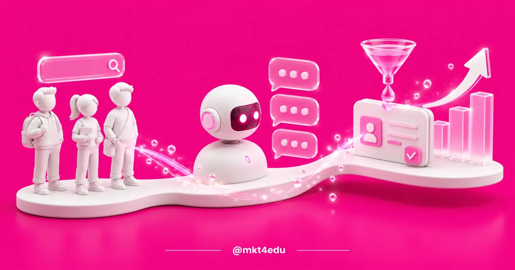 3D illustration of prospective students, an AI agent answering messages and an enrollment card at the end of the path.