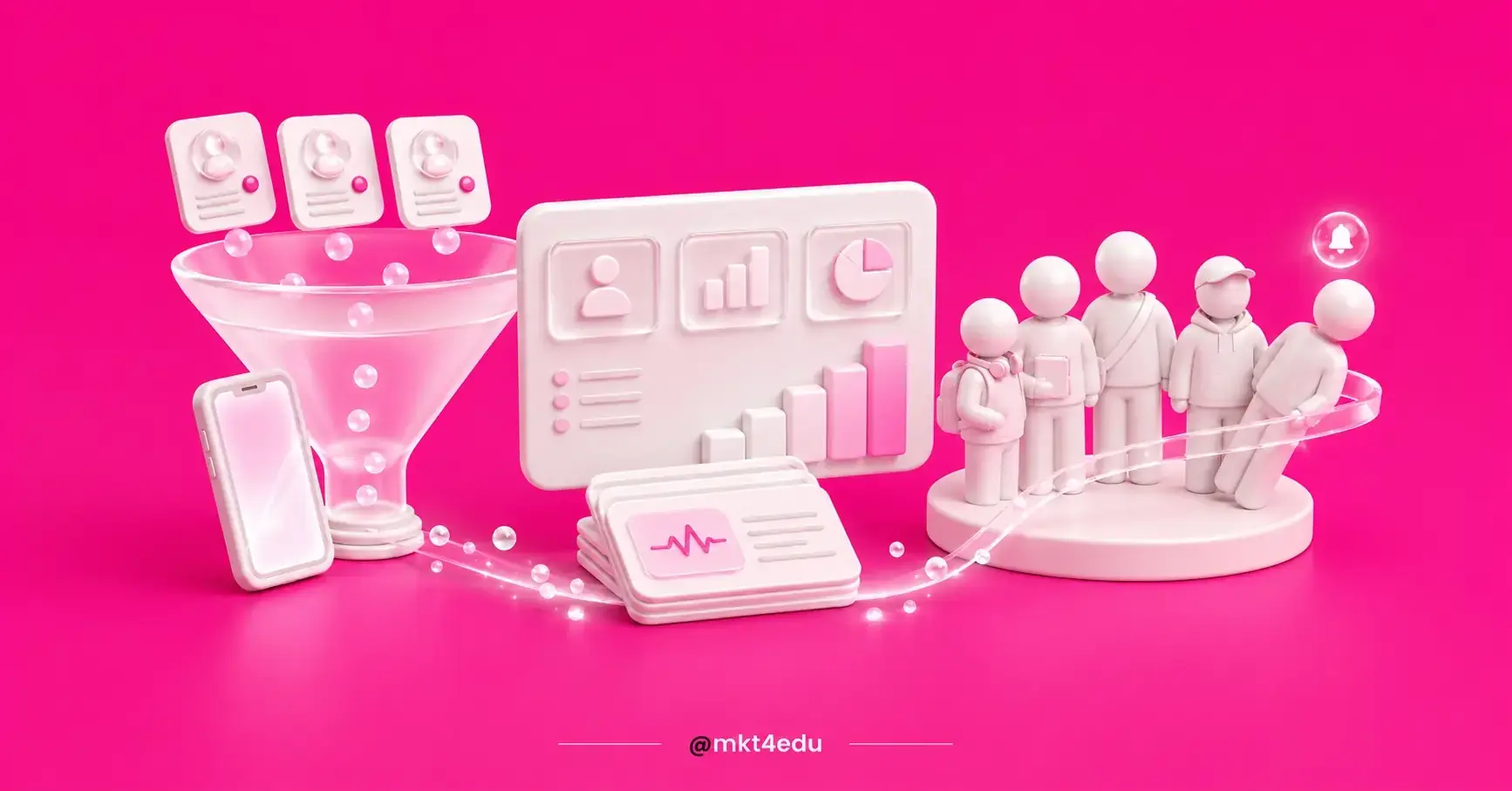 Educational market in a 3D scene with an enrollment funnel, a data dashboard and a group of students inside a glass arc