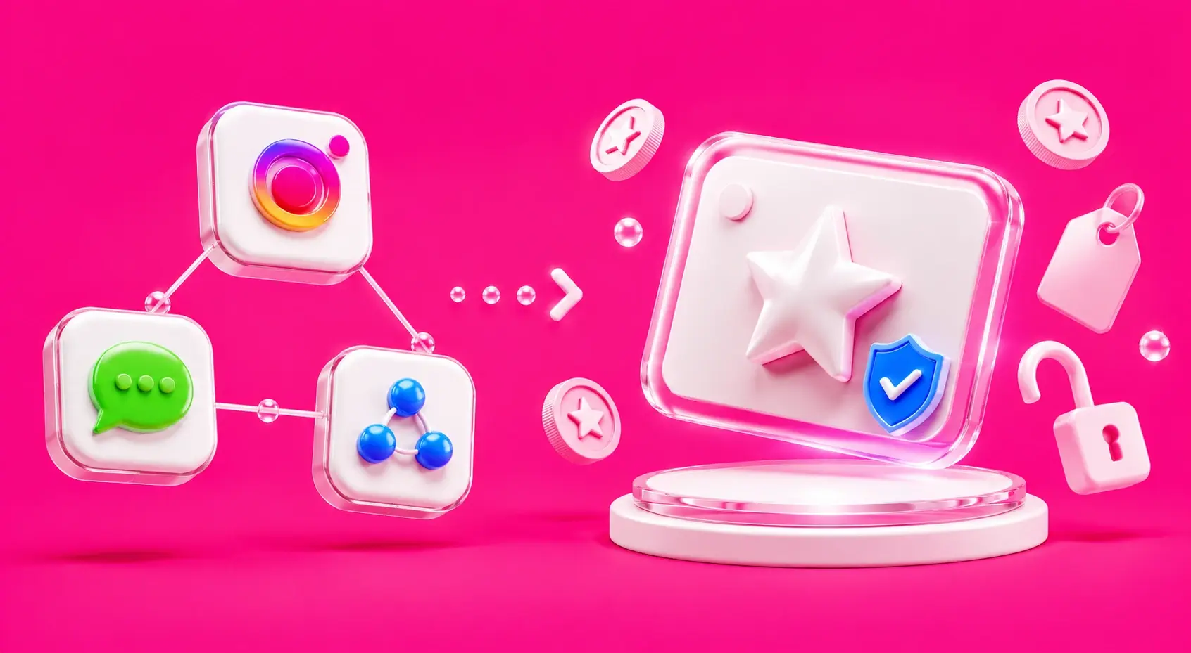 Ícones 3D do Instagram, chat e conexões apontando para cartão com estrela em fundo rosa. Ilustração do Meta One.