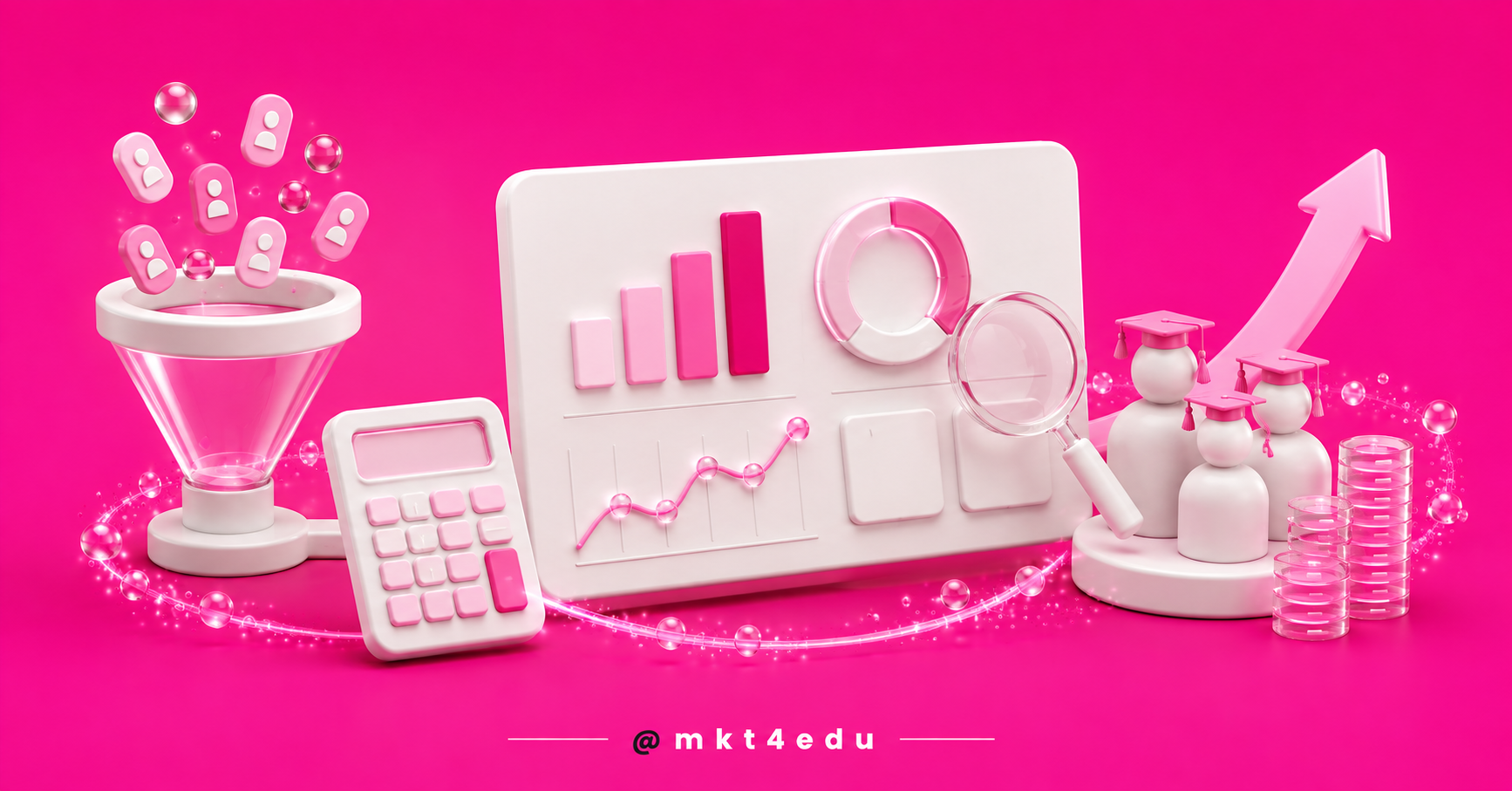 A 3D illustration on a pink background depicting educational marketing metrics: a lead funnel, a dashboard with bar charts and performance indicators, and images of graduates representing the return on student recruitment.