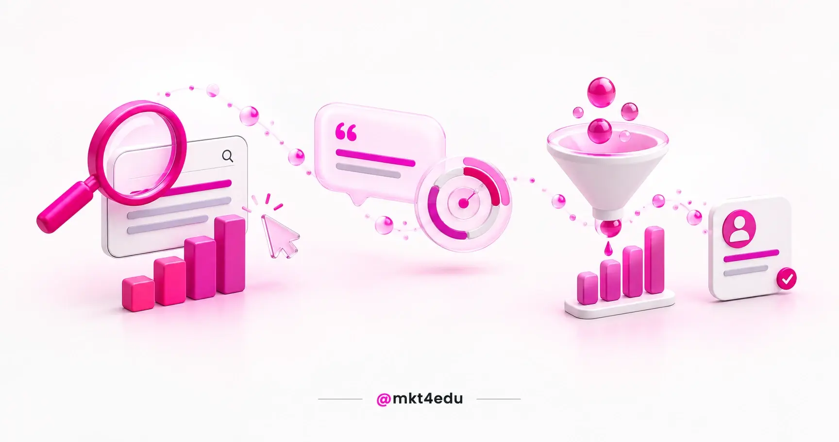 ink 3D infographic with search bar, funnel, and charts, illustrating modern SEO metrics across search and AI.