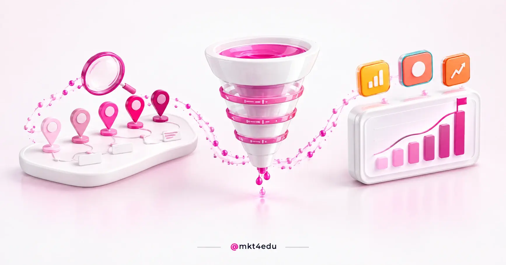Pirate metrics: a 3D journey map with five pink pins, a glass funnel and a dashboard with rising bars