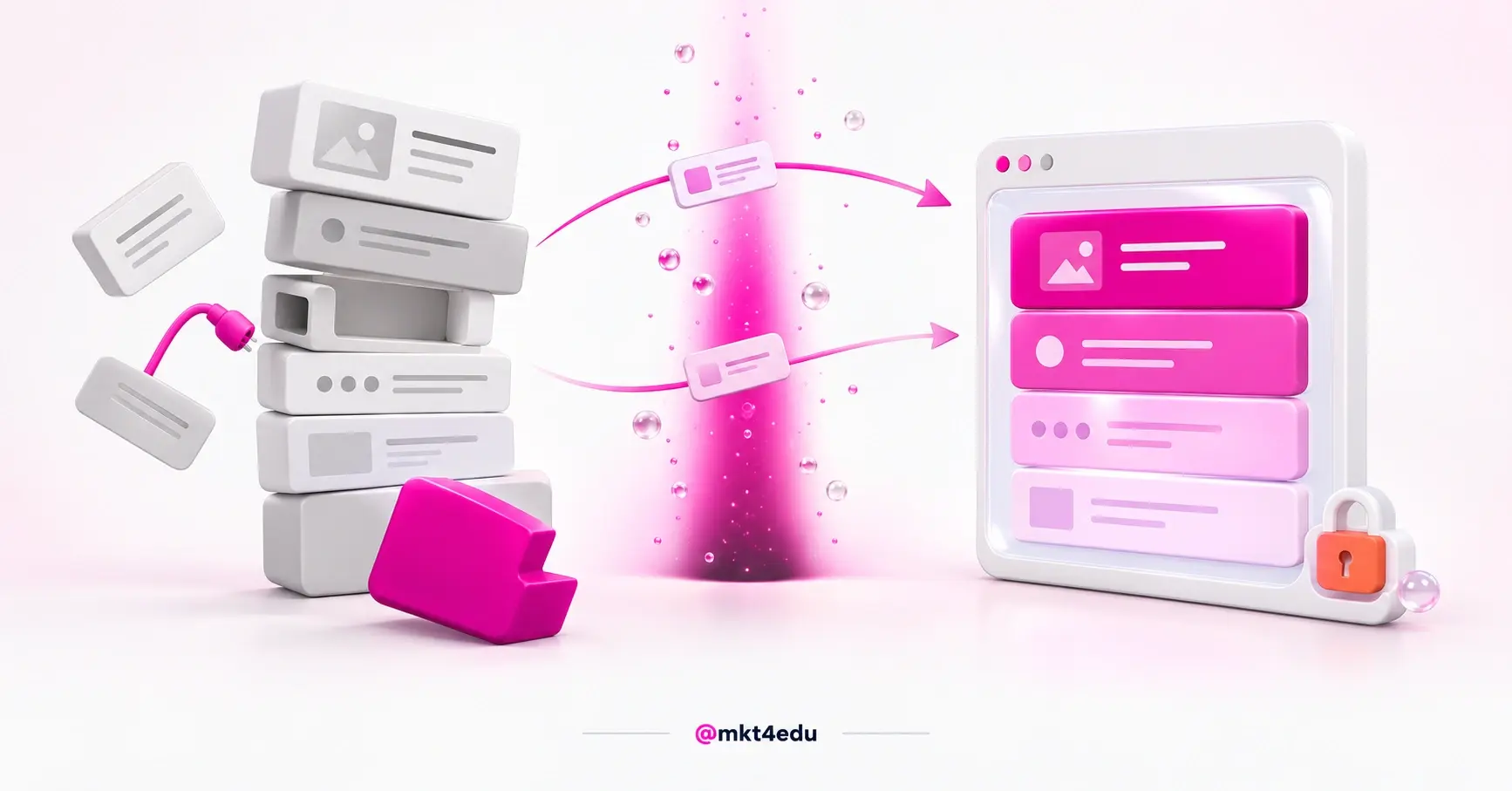 Migrate WordPress to HubSpot in 3D: a stack of old pages being rebuilt into a new site with a padlock