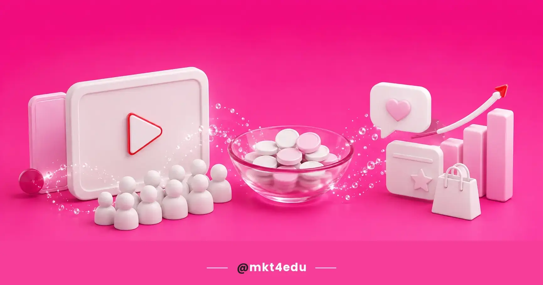 How to make money with YouTube in a 3D scene with a white video panel, pink coins and a rising revenue chart