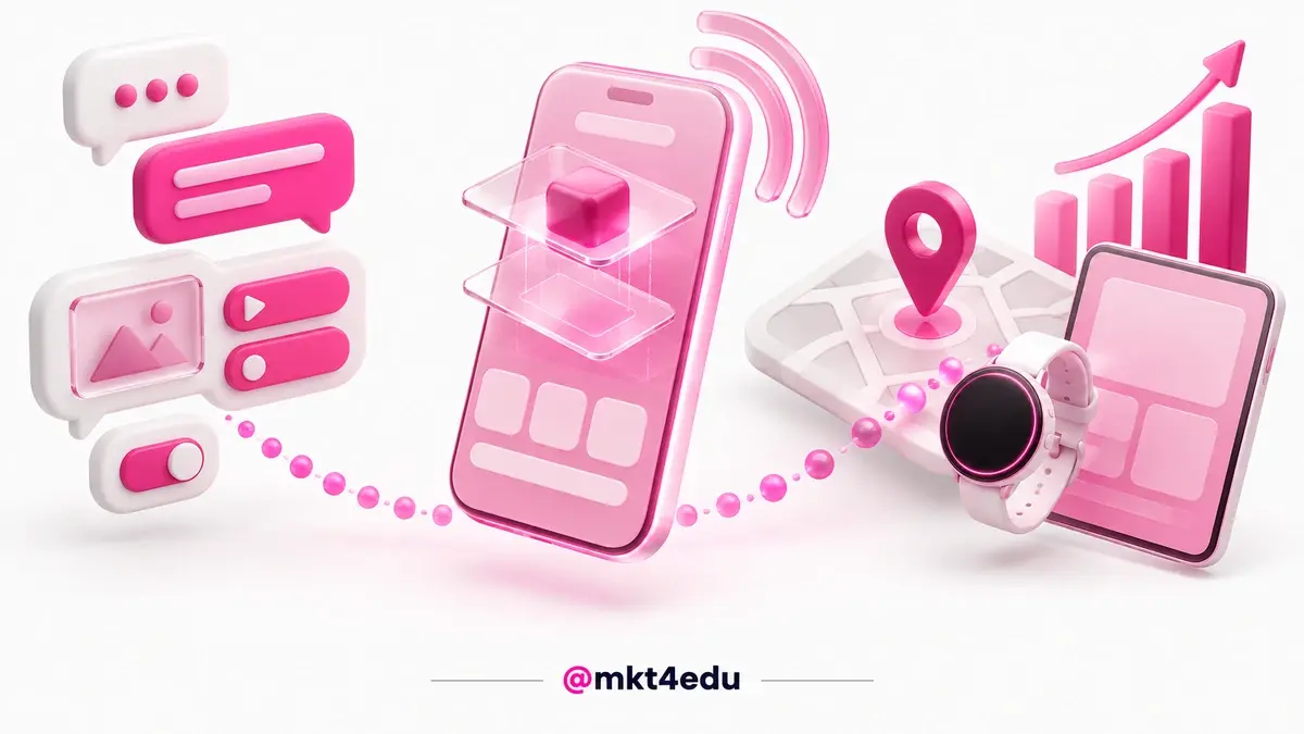 Celular flutuante com camada de realidade aumentada, bolhas de mensagem e pin de local no mobile marketing