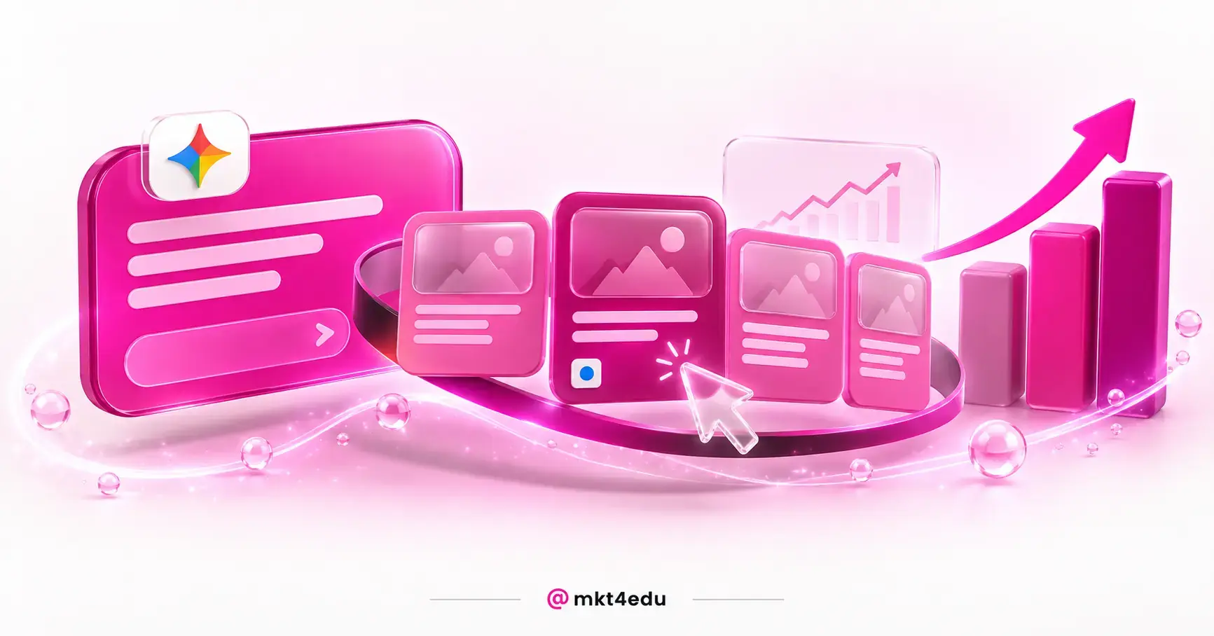 Google AI Mode shown as a pink 3D conversation panel with a carousel of page cards and one highlighted card on the rail