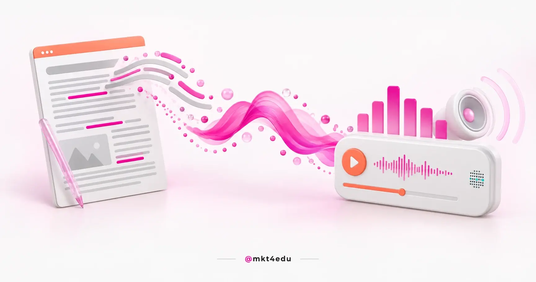 HubSpot post narration: an article turning into a sound wave that reaches a player with a waveform and a speaker