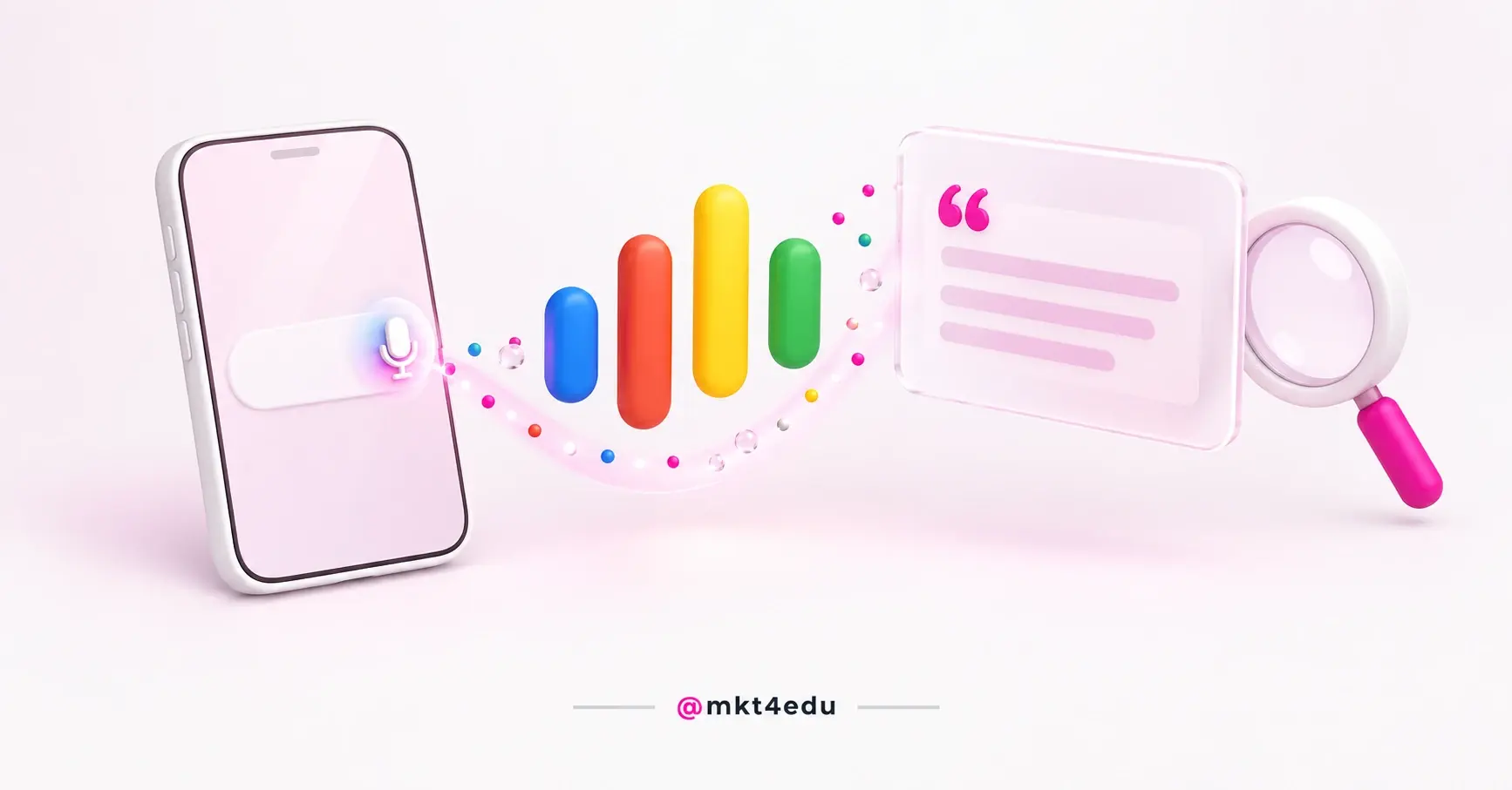 Google voice search in a 3D scene: phone with microphone, colourful sound waves and an answer card