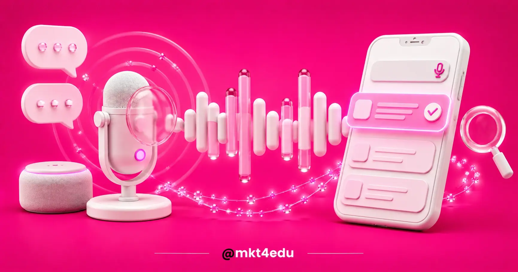 A white 3D microphone, sound waves, and a cell phone displaying instant results from a voice search.