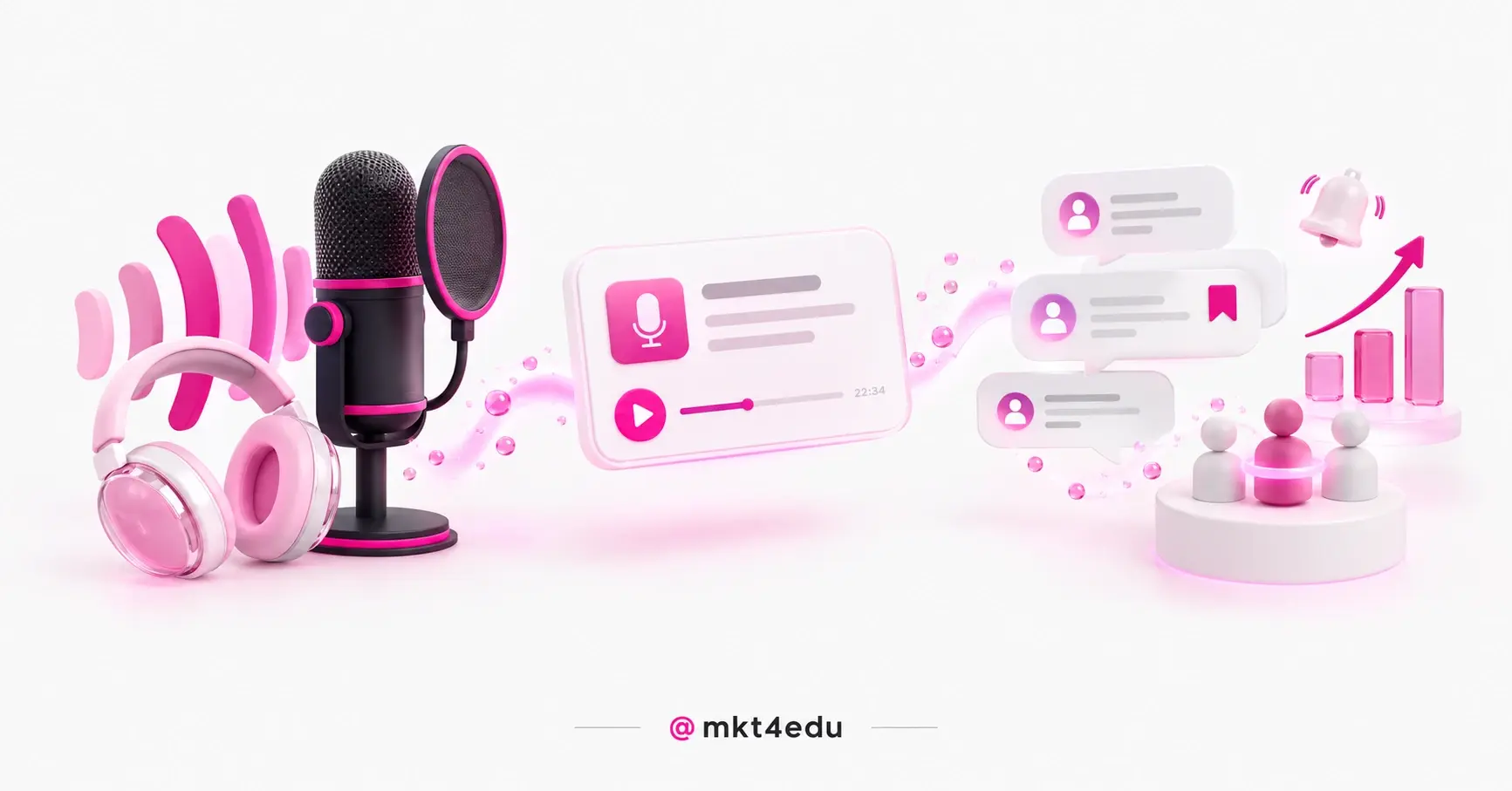 Microphone, episode card and chat bubbles with a chart illustrate podcasting as a marketing tool