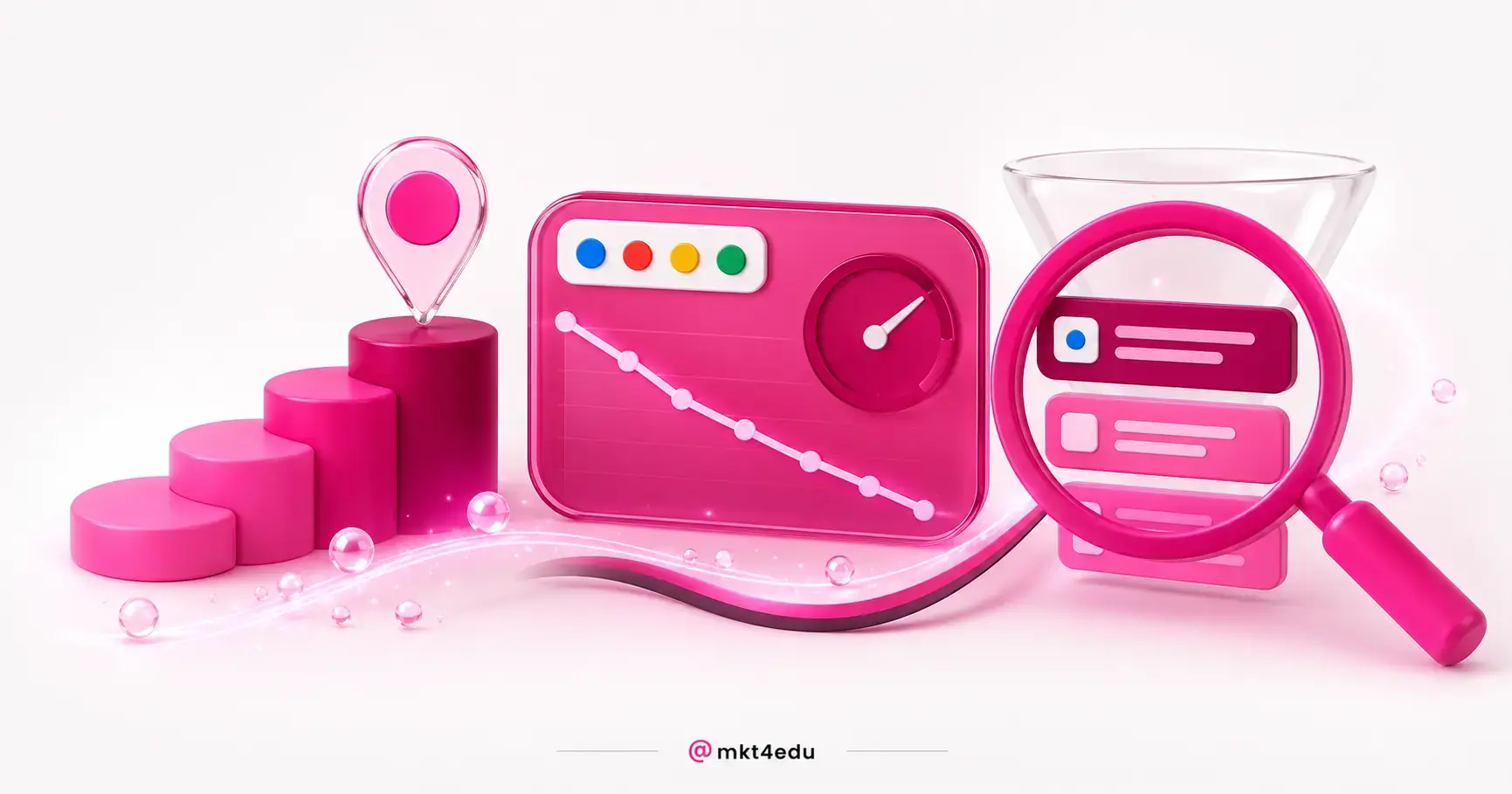 Google ranking position shown as a pink 3D podium with a highlighted step, a dashboard with a four-color badge and a magnifying glass over result cards