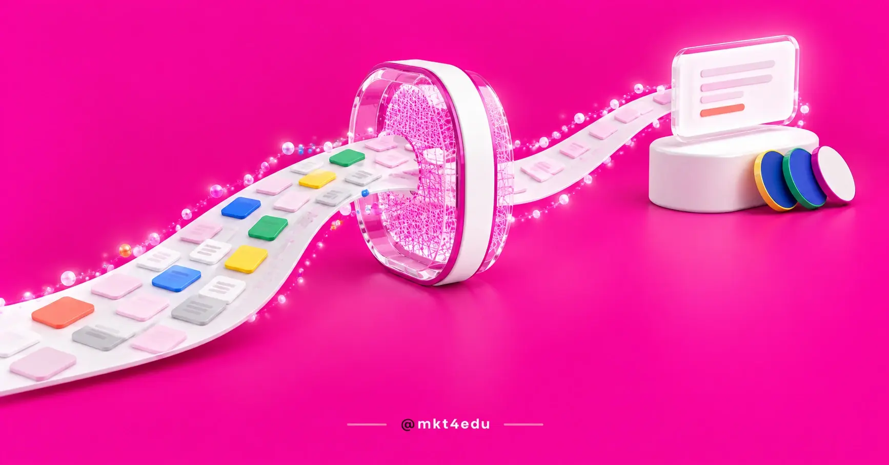 3D illustration of a record ribbon passing through a pink glass ring, representing data privacy in the CRM.